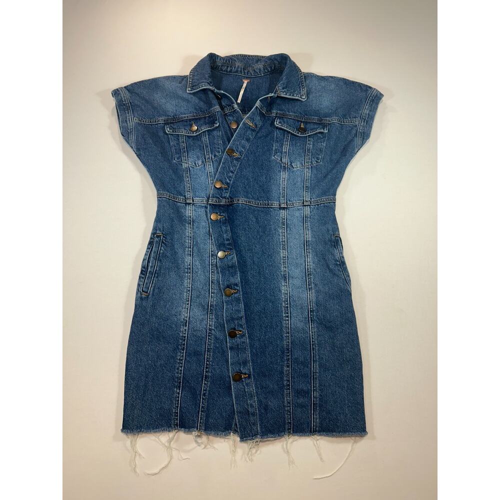 Free People Denim Button Down Mini Dress Frayed Hem Pockets Western Style Sz M